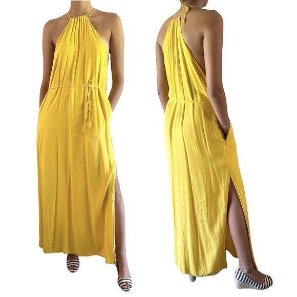 Urban Outfitters Halter Maxi Sun Dress Oversize XS Sleevless Slit Pockets Yellow - Picture 6 of 10